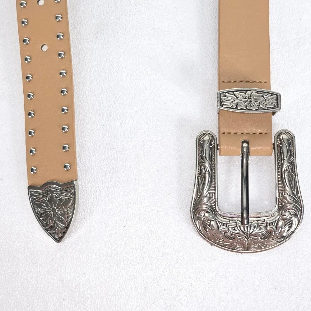 Western Belt‎ Silver Floral Buckle Women's 36" Tan Studded Leather Cowgirl Style - Picture 2 of 8